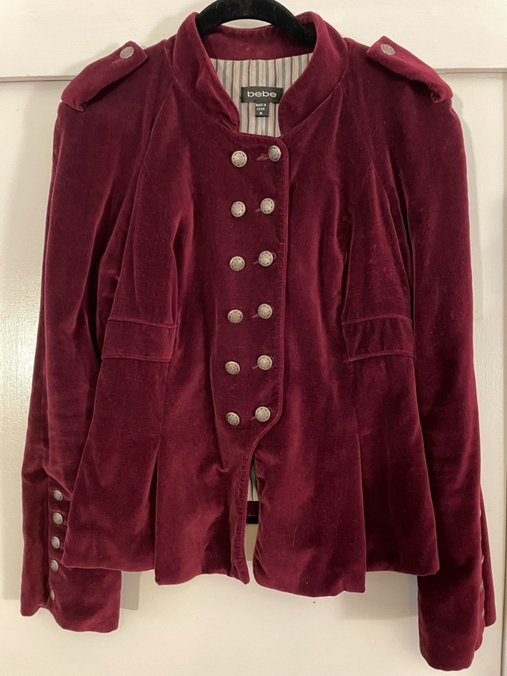 bebe Burgundy Velvet Military-Style Blazer